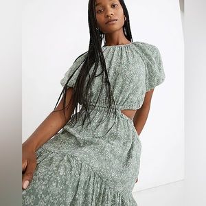 Seersucker Puff Sleeve Cut Out Midi Dress